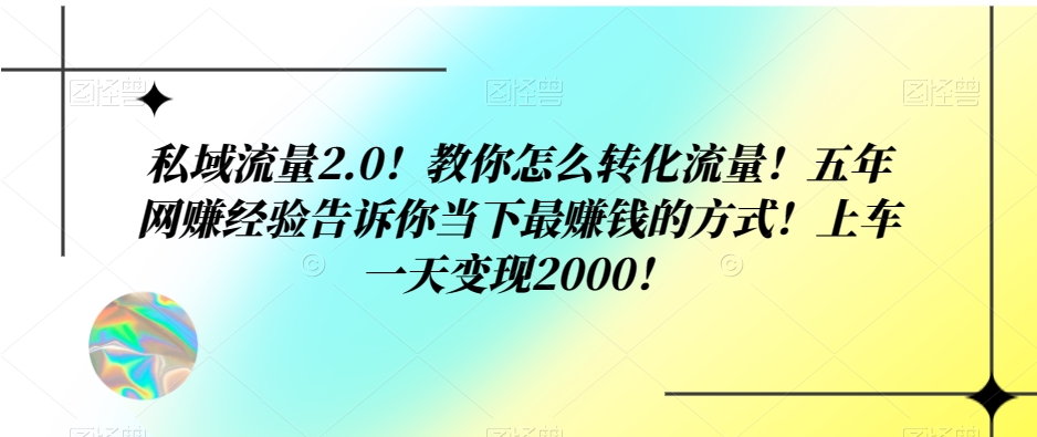 私域流量2.0！教你怎么转化流量！五年网赚经验告诉你当下最赚钱的方式！上车一天变现2000！